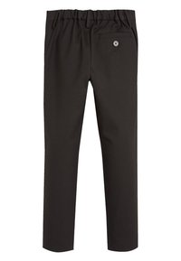 Pantalons noirs ajustés avec une taille élastique. Comprend une poche arrière unique avec un bouton. Tissu lisse, sans motifs ou accents visibles.