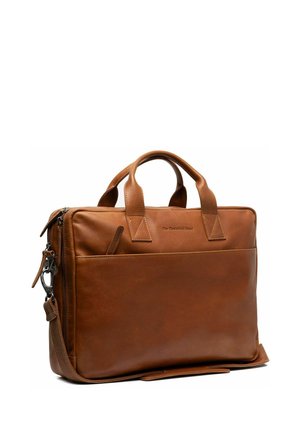 Brown leather briefcase with double handles, a detachable shoulder strap, and a front pocket. Smooth texture, rectangular shape, minimal hardware.