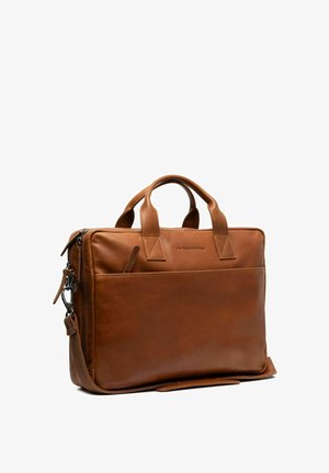 Brown leather briefcase with double handles, a detachable shoulder strap, and a front pocket. Smooth texture, rectangular shape, minimal hardware.