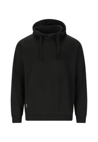 Musta vetoketjullinen huppari, jossa on etupuolella kengurutasku, säädettävä nyörihuppu sekä resorit hihansuissa ja helmassa, esitelty valkoista taustaa vasten.