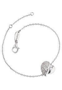 Bracciale in argento con ciondolo a forma di cuore e ala, con una finitura lucida e dettagli testurizzati sull'ala. Chiusura con moschettone.
