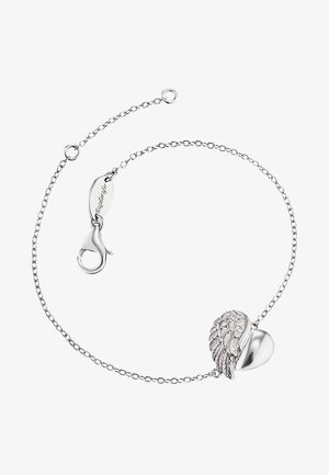 Silberne Kettenarmband mit einem Herz- und Flügel-Anhänger, mit einer polierten Oberfläche und strukturierten Details am Flügel. Mit Krokodilverschluss.