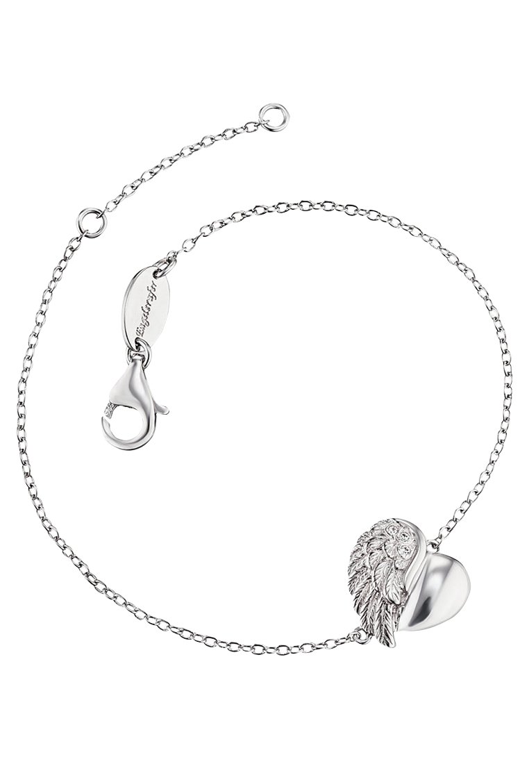 Bracciale in argento con ciondolo a forma di cuore e ala, con una finitura lucida e dettagli testurizzati sull'ala. Chiusura con moschettone.