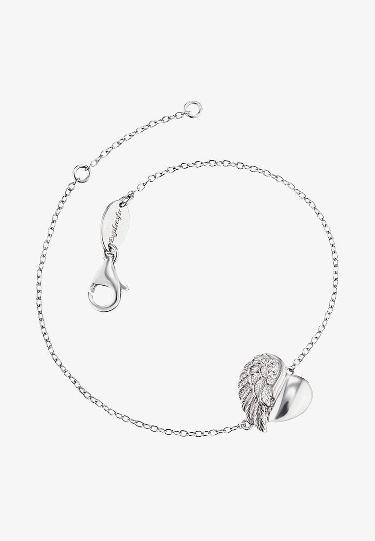 Bracciale in argento con ciondolo a forma di cuore e ala, con una finitura lucida e dettagli testurizzati sull'ala. Chiusura con moschettone.