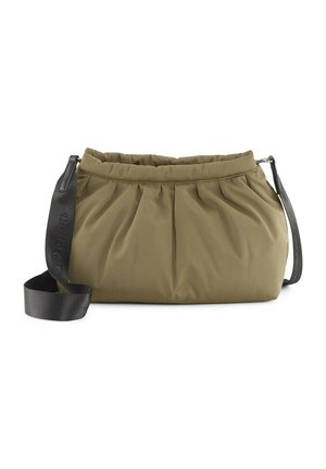 Borsa khaki con design arricciato e tracolla nera regolabile, poggiata su uno sfondo bianco.