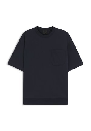 Marineblaues Kurzarm-T-Shirt aus Baumwolle, mit rundem Halsausschnitt und Brusttasche. Glatte Textur mit legerer Passform.