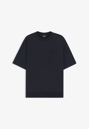 Marineblaues Kurzarm-T-Shirt aus Baumwolle, mit rundem Halsausschnitt und Brusttasche. Glatte Textur mit legerer Passform.