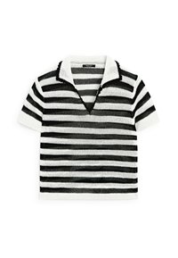 Polo à manches courtes noir et blanc à rayures avec un tricot texturé, présentant un décolleté en V profond et un design de col côtelé.