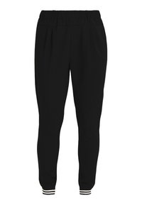 Pantalon de survêtement noir avec une taille élastique, deux plis avant et des accents rayés blancs aux poignets. Tissu lisse avec une coupe fuselée.