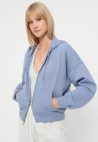 Svijetloplava zip up majica s kapuljačom, s prednjim džepom, rebrastim manžetama i rubom, koja ima vezicu za kapuljaču i ležeran kroj. Nosena preko sive majice.