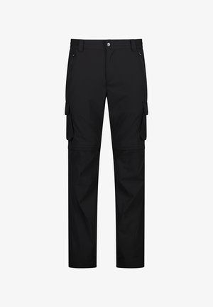 Sorte cargobukser lavet af holdbart stof, med flere lommer, lige ben og knaplukning i taljen.