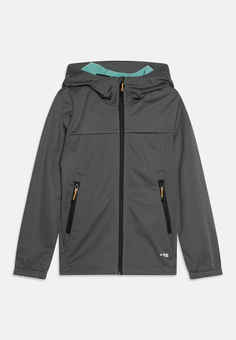 Gray hooded jacket, featuring a smooth texture, full front zipper, two zippered side pockets, and an aqua lining inside the hood.