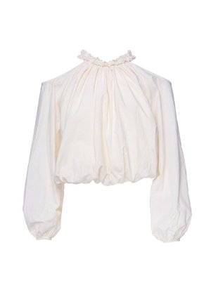 Blusa bianca a maniche lunghe con scollo a fascia elasticizzato e maniche ampie raccolte ai polsini e all'orlo.
