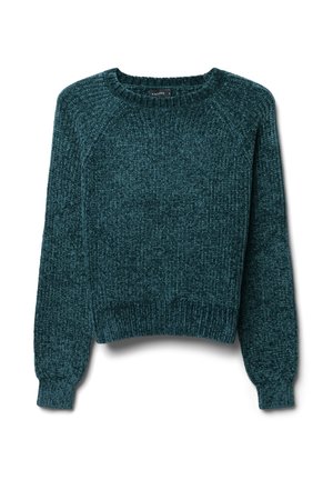 Maglione lavorato a maglia di colore verde acqua con collo rotondo, polsini e orlo a coste. Presenta un tessuto testurizzato con una leggera elasticità e una vestibilità ampia.