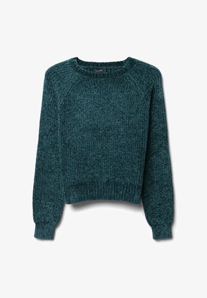 Maglione lavorato a maglia di colore verde acqua con collo rotondo, polsini e orlo a coste. Presenta un tessuto testurizzato con una leggera elasticità e una vestibilità ampia.