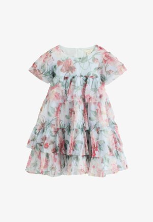 Kurzärmeliges Stufenkleid mit mehrlagigen Rüschen und pink-grünem Blumenmuster auf weißem transparentem Stoff.