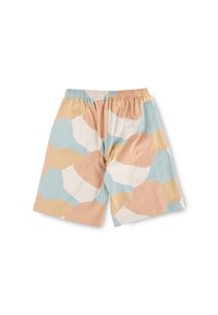 Cotton shorts featuring a multicolored abstract pattern in pastel shades of blue, peach, and white, with an elastic waistband.