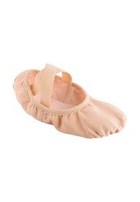 Blass pfirsichfarbene Ballettschuhe aus weichem Baumwollgewebe, mit elastischen Riemen für einen sicheren Sitz, gerafften Seiten und runder Zehe.