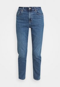 Modré denimové džíny s vysokým pasem a slim fit, s měděnými nýty, zapínáním na přední knoflík a jemným vyblednutím látky.