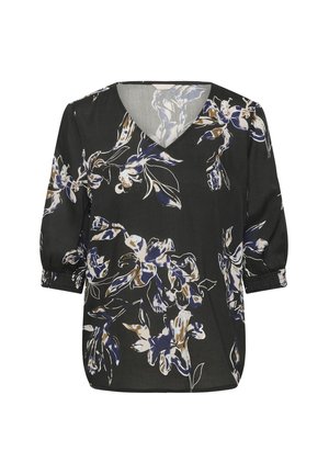 Bluză neagră cu un model floral în nuanțe de albastru și bej, decolteu în V, mâneci 3/4 tip puff cu manșete elastice, material ușor, croială lejeră.