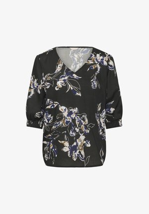 Bluză neagră cu un model floral în nuanțe de albastru și bej, decolteu în V, mâneci 3/4 tip puff cu manșete elastice, material ușor, croială lejeră.