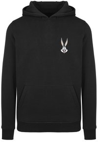Felpa nera con cappuccio dotata di una tasca a marsupio frontale, polsini a costine e un design ricamato di Bugs Bunny sul petto. Materiale morbido in misto cotone.