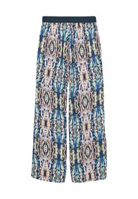 Pantaloni a palazzo stampati e svolazzanti con un motivo astratto multicolore nei toni del blu, rosa e nero. Presentano una vita elastica. Materiale leggero.