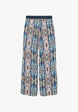 Pantalons larges fluides et imprimés avec un motif abstrait multicolore dans les tons de bleu, rose et noir. Dotés d'une taille élastique. Matériau léger.