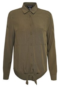 Olivinvihreä napillinen paita, jossa on kaulus, kaksi rintataskua, pitkät hihat ja vyötäröllä solmittu helma. Pehmeä, sileä kangas.