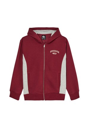 Sweat à capuche zippé marron avec panneaux latéraux gris, poches avant et logo "Quiksilver" sur la poitrine gauche.