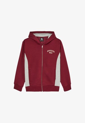 Maroon zip-up hoodie with gray side panels, front pockets, and "Quiksilver" logo on the left chest.