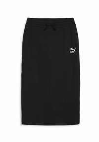Svart idrotts kjol med texturerad tyg, elastisk midja, justerbar snörning och vit PUMA-logga på framsidan.