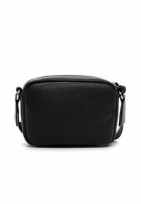 Borsa a tracolla in pelle nera con forma rettangolare, superficie testurizzata, chiusura con zip e tracolla regolabile.