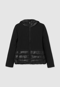 Giacca nera con cappuccio e chiusura a zip, con tessuto liscio sulla parte superiore e sezioni imbottite trapuntate sul cappuccio e nella parte inferiore.