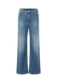 Wide-leg denim jeans in medium blue with subtle white triangle patterns. Features traditional five-pocket styling and a button closure.