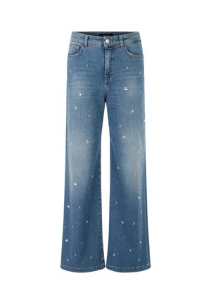 Wide-leg denim jeans in medium blue with subtle white triangle patterns. Features traditional five-pocket styling and a button closure.