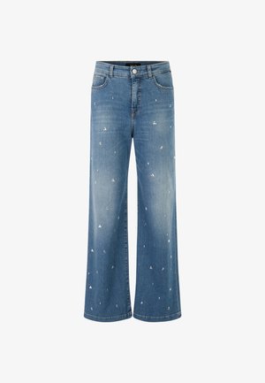 Wide-leg denim jeans in medium blue with subtle white triangle patterns. Features traditional five-pocket styling and a button closure.