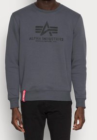 Felpa grigia realizzata in materiale morbido, con un logo nero decorato con accenti geometrici. Include un'etichetta rossa sul lato sinistro dell'orlo.