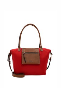 Red nylon handbag with brown leather accents, a front zip pocket, dual shoulder straps, and a detachable crossbody strap.