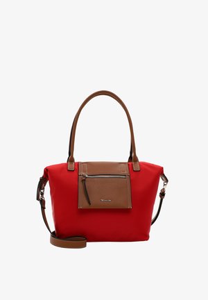 Sarkans neilona rokassomas, ar brūnām ādas detaļām, priekšējā rāvējslēdzēja kabata, divas pleca siksnas un noņemama krūšu siksna.