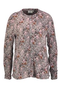 Camisa de manga larga con botones que presenta un patrón floral en negro, rosa y marrón, fabricada en una tela ligera, con un cuello redondo y detalle de botones.