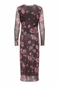 Pikkade varrukatega kleit läbipaistvast kangast, tume taust roosade lillemustritega. Sirge lõige ja põrandani ulatuv disain.