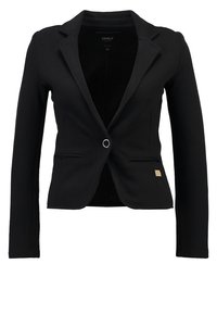 Zwarte blazer met een getailleerd ontwerp, met steekrevers, één knoopsluiting en twee voorzakken, gemaakt van zachte, rekbare stof.