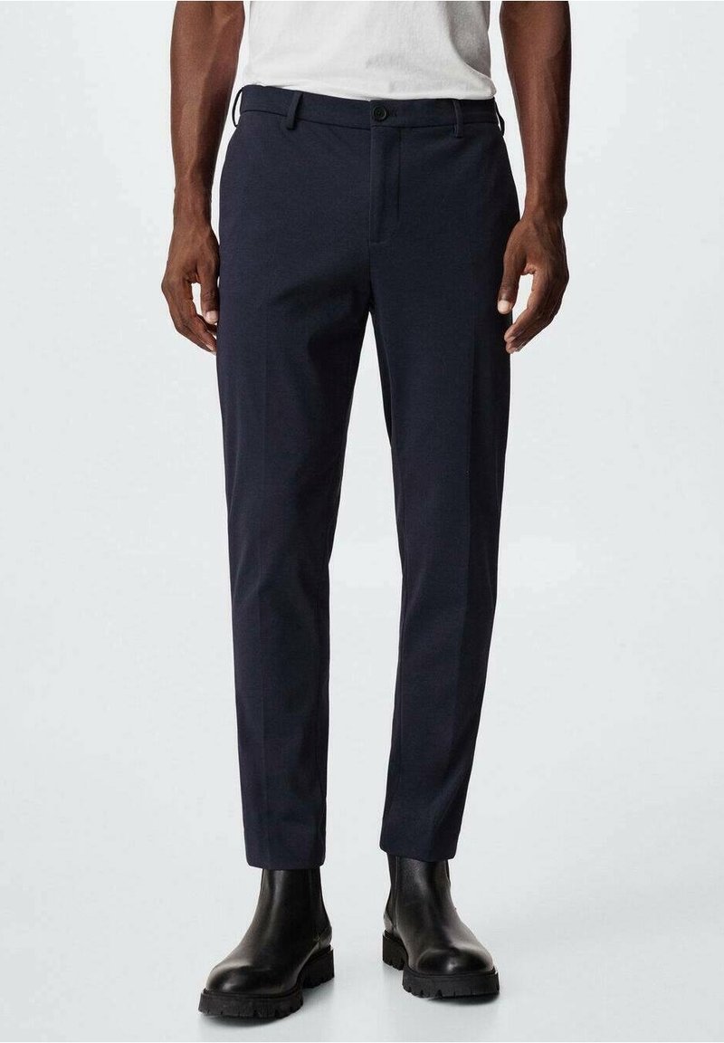 Navy trousers with a straight fit, made from a smooth fabric. Features a belt loop waistband, front pockets, and a zipped fly.