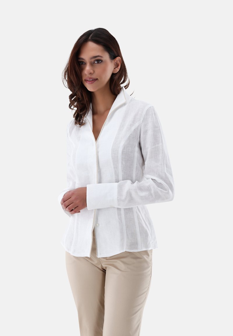 Camicia bianca a maniche lunghe con colletto, caratterizzata da una trama verticale e bottoni lungo la parte anteriore, abbinata a pantaloni beige.