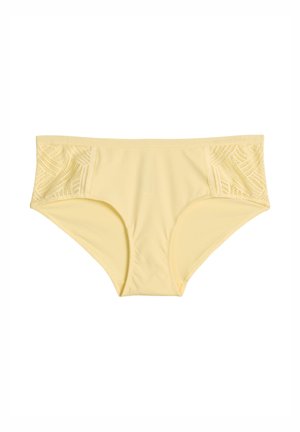 Light yellow women's briefs with lace detailing on the sides, made from smooth fabric, laid flat on a white background.
