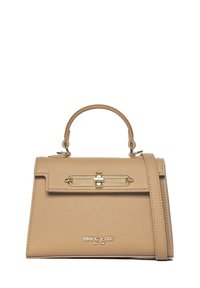 Beige Lederhandtasche mit strukturiertem Design, oberem Griff, abnehmbarem Riemen und goldfarbener Hardware. Verfügt über einen Klappenverschluss und Logoschmuck.