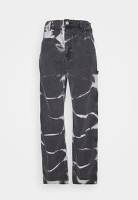 Pantalones de mezclilla negros con un patrón de tie-dye en blanco. Diseño de pierna recta con cintura alta y estilo de cinco bolsillos. Tejido duradero.