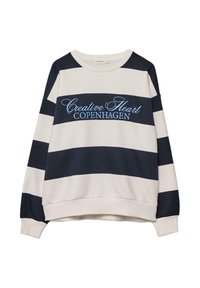 Felpa a righe con colori navy e crema, scollo rotondo e scritta "Creative Heart COPENHAGEN" ricamata in azzurro chiaro. Texture morbida.