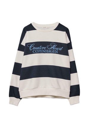 Prugasta majica s okruglim izrezom u mornarsko plavim i krem bojama, s izvezenim natpisom "Creative Heart COPENHAGEN" u svijetloplavoj boji. Mekana tekstura.
